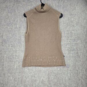 Bisou Jeans Mock Neck Ribbed Sleeveless Top With Rhinestones Beige Rayon Blend